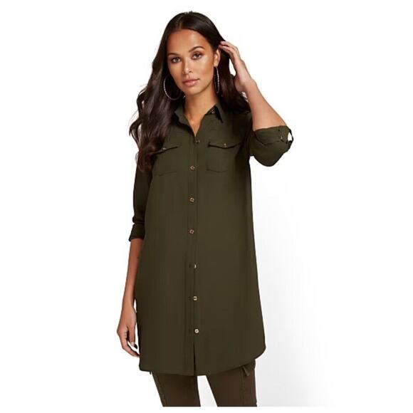 Banana Republic Dress Women's 0 Mini Army Green Long Sleeves Hi Lo Henley Neck - Picture 5 of 6